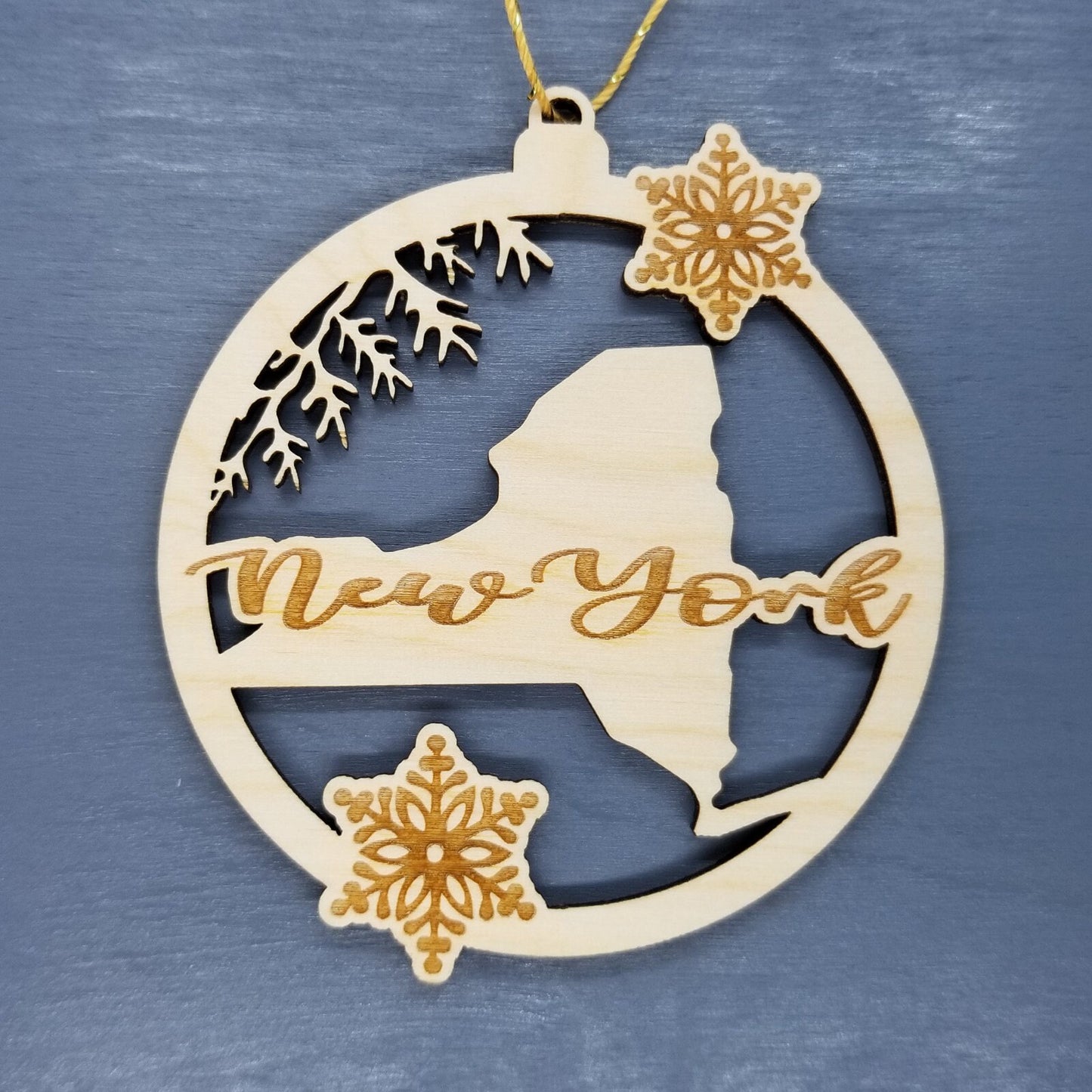 Wholesale New York Wood Ornament - NY State Shape with Snowflakes Cutout - Wood Souvenir