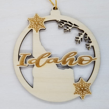 Wholesale Idaho Wood Ornament -  ID State Shape with Snowflakes Cutout - Wood Souvenir