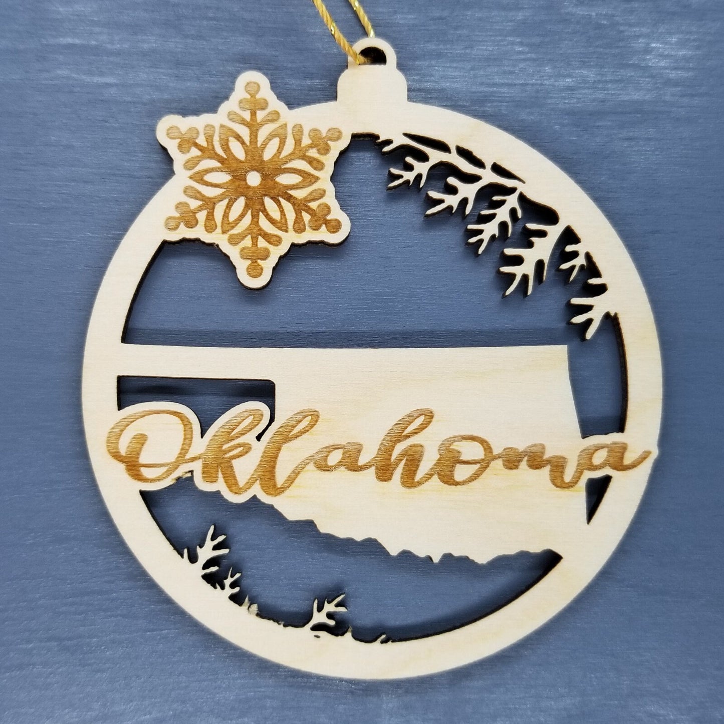 Wholesale Oklahoma Wood Ornament -  State Shape with Snowflakes OK Cutout - Wood Souvenir