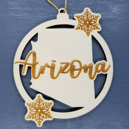 Arizona Ornament - State Shape with Snowflakes Cutout AZ- Handmade Wood Ornament Made in USA Christmas Decor