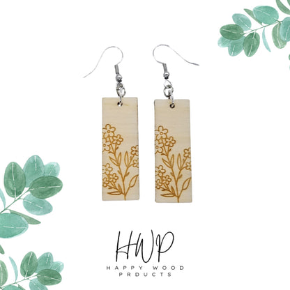 Wood Earrings - Floral Rectangle Shape Engraved Wood Drop Earrings - Dangle Earrings - Gift Flowers Daisies