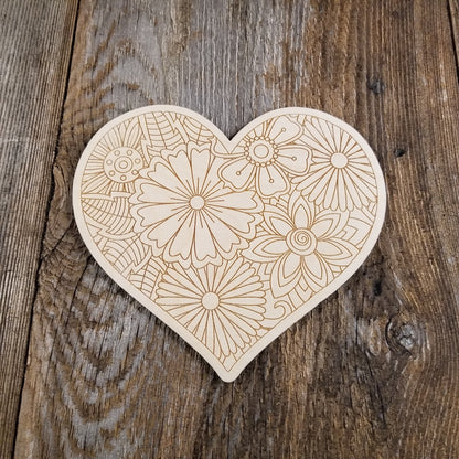 Color Your Own Wood Art ONLY DIY - Wood Trivet - Coloring Project - Craft Supply - Adult Craft Project - Floral Relaxation Gift Heart #3