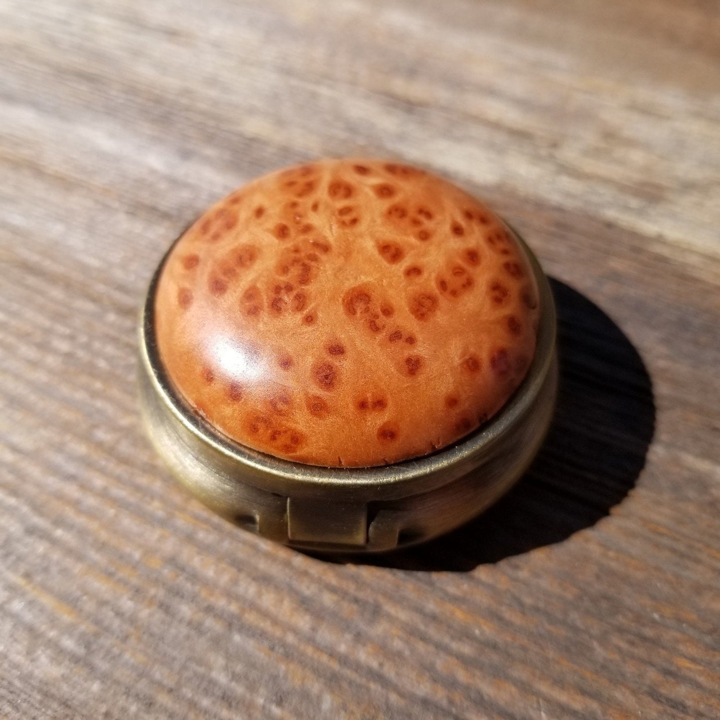 Handmade Pill Box 3 Sections California Redwood Burl Top #415 Souvenir Memento Rustic Antique Bronze