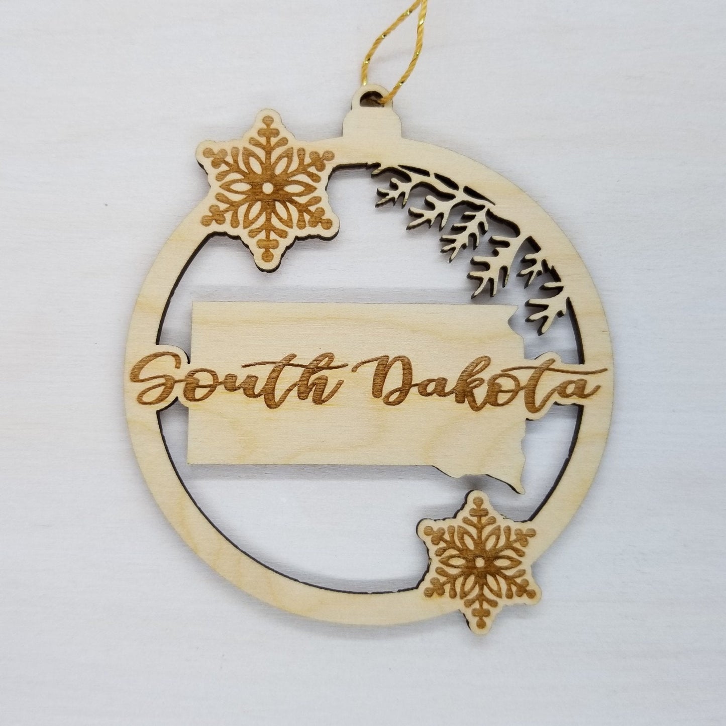 Wholesale South Dakota Wood Ornament -  SD State Shape with Snowflakes Cutout - Wood Souvenir