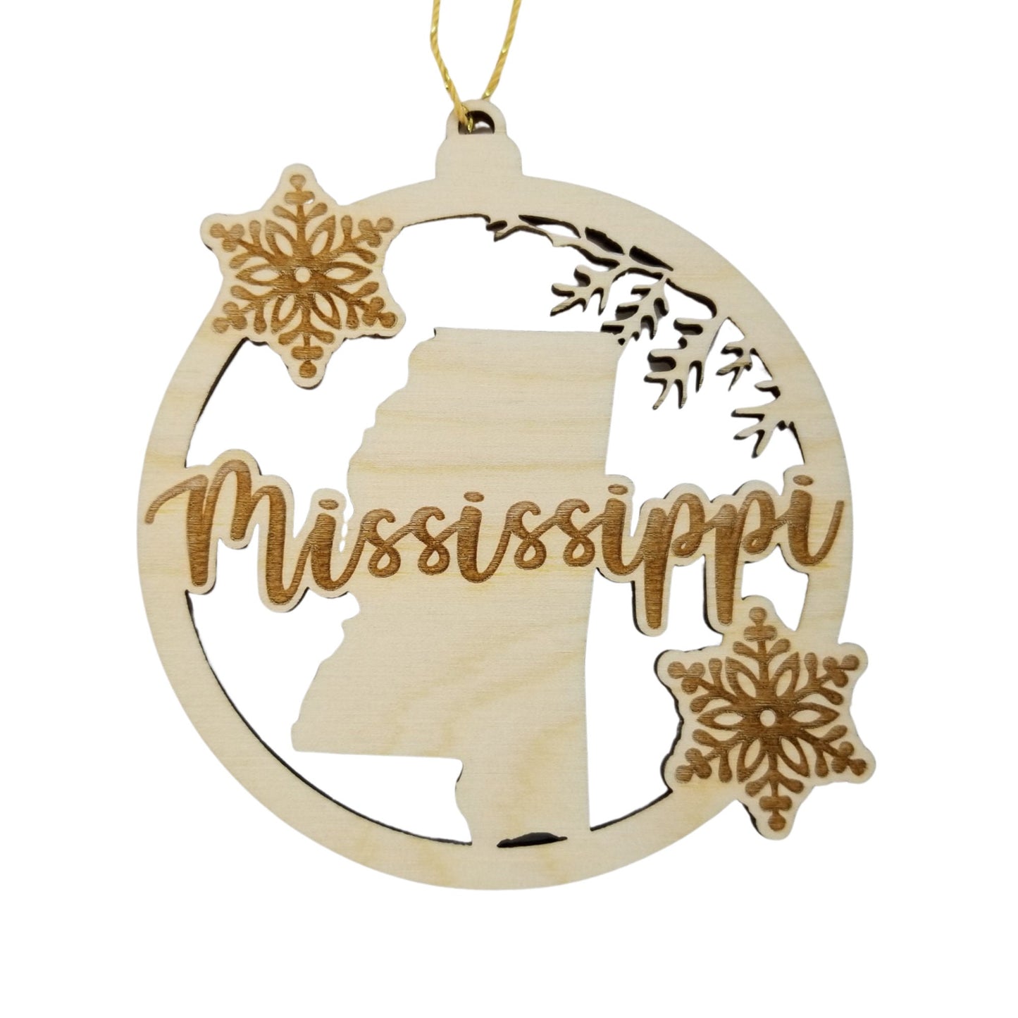 Wholesale Mississippi Wood Ornament -  MS State Shape with Snowflakes Cutout - Wood Souvenir