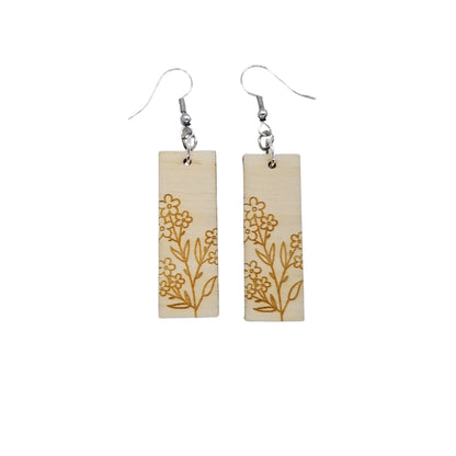 Wood Earrings - Floral Rectangle Shape Engraved Wood Drop Earrings - Dangle Earrings - Gift Flowers Daisies