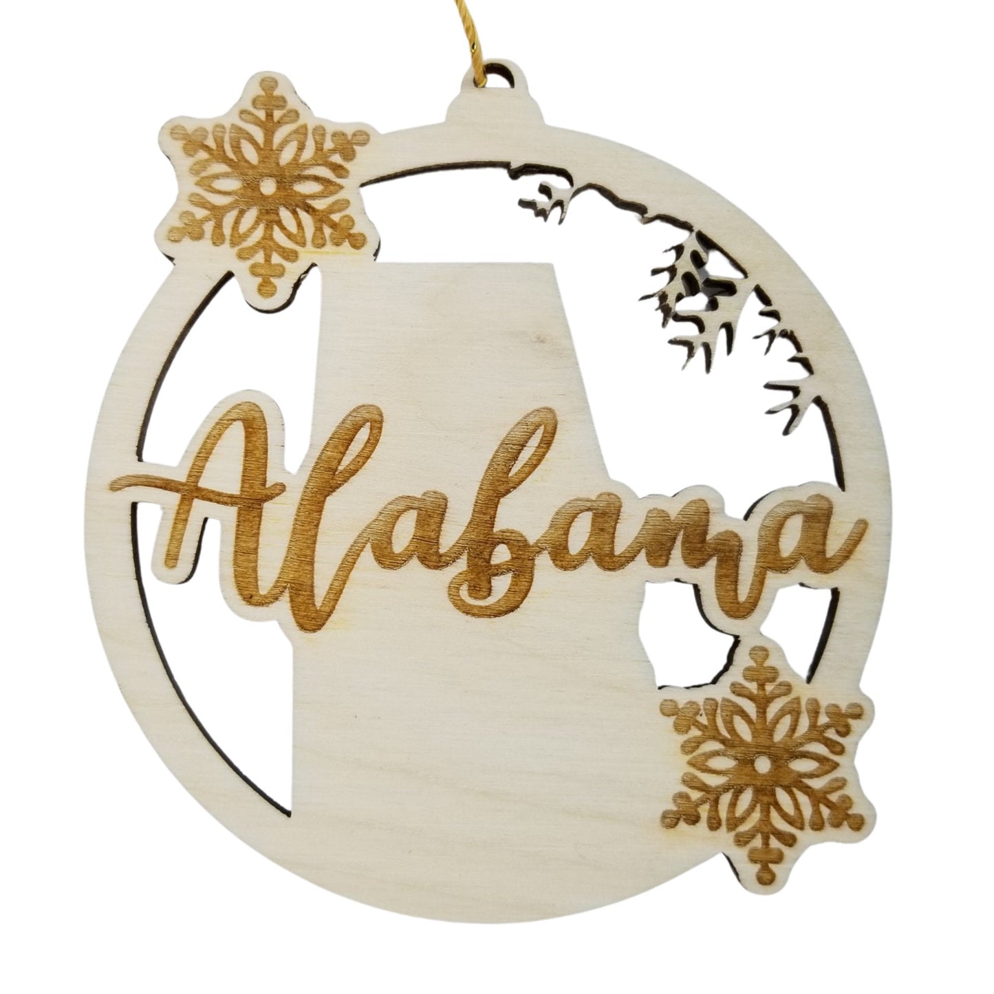 Wholesale Alabama Wood Ornament -  AL State Shape with Snowflakes Cutout - Wood Souvenir