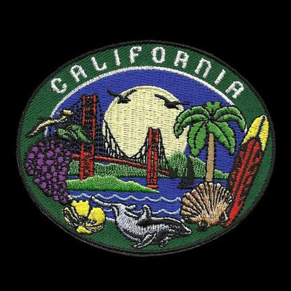 California Patch - Collage Golden Gate Bridge Grapes Surfing Palm Trees - Iron On 3.25"