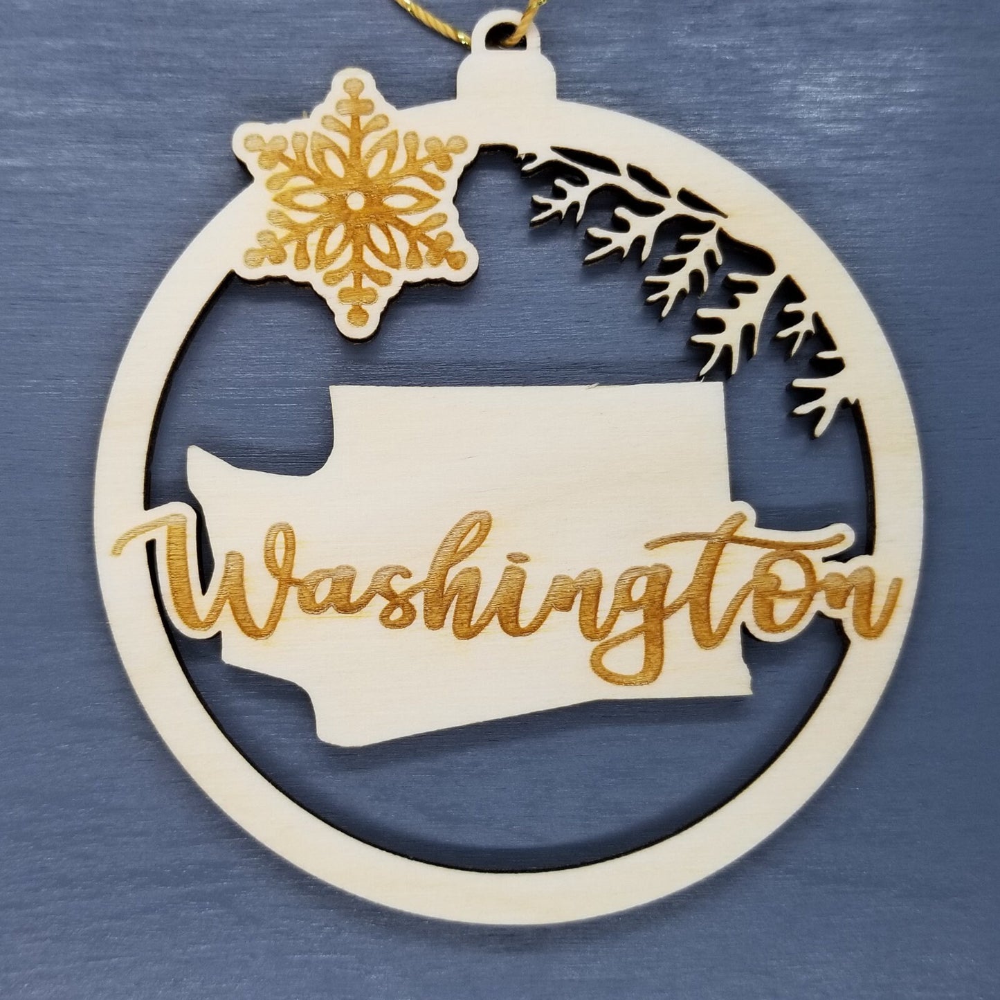 Washington Wood Ornament -  WA State Shape with Snowflakes Cutout - Handmade Made in USA Christmas Decor