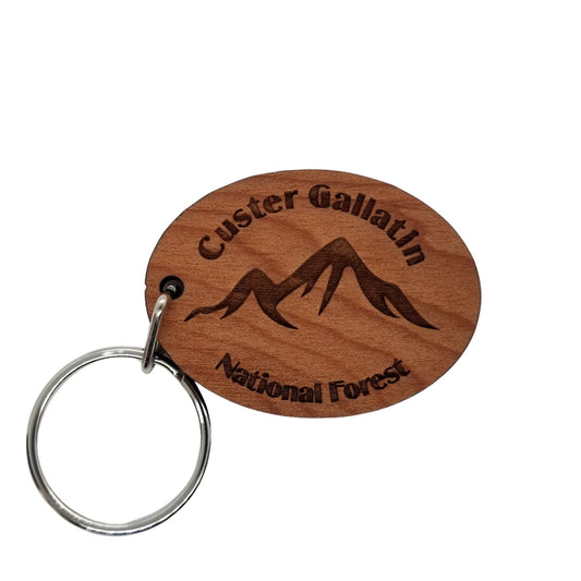 Custer Gallatin MT Keychain Mountains Wood Keyring Montana National Forest Souvenir Mountains Resort Cross Country Skiing Skier Key Tag Bag