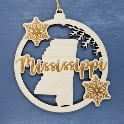 Wholesale Mississippi Wood Ornament -  MS State Shape with Snowflakes Cutout - Wood Souvenir