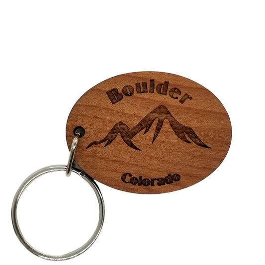 Boulder Colorado Keychain Mountains Wood Keyring CO Souvenir Resort Ski Skiing Skier Snowboarding Snowmobiling Travel Key Tag Bag