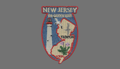 New Jersey State Travel Patch NJ Souvenir Iron On Embellishment or Applique 3" The Garden State Trenton Lighthouse Blue Violets Seagulls