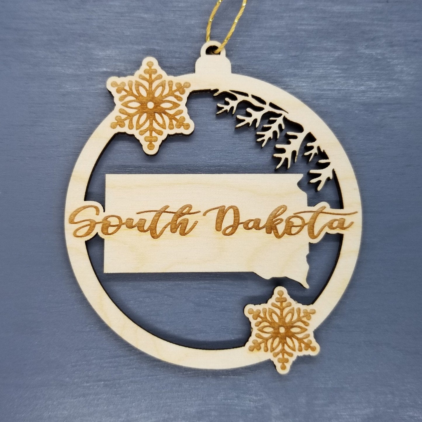 Wholesale South Dakota Wood Ornament -  SD State Shape with Snowflakes Cutout - Wood Souvenir