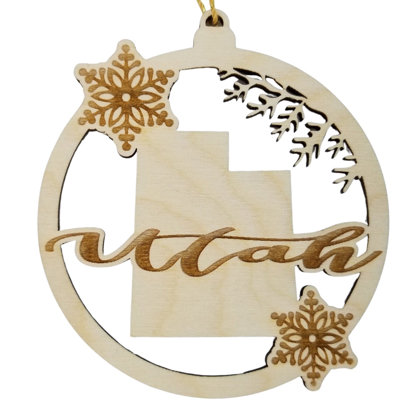 Utah Wood Ornament -  State Shape with Snowflakes UT Cutout - Handmade Wood Ornament Made in USA Christmas Decor