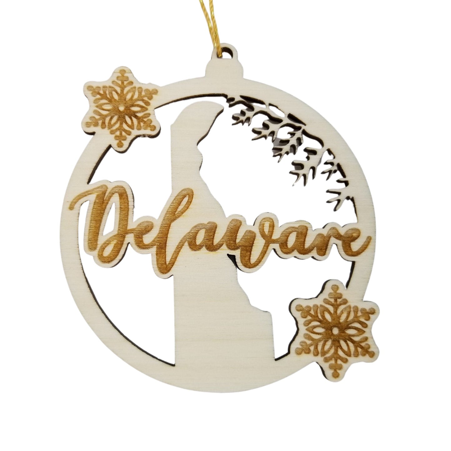 Wholesale Delaware Wood Ornament -  DE State Shape with Snowflakes Cutout - Wood Souvenir