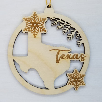 Texas Wood Ornament -  TX State Shape with Snowflakes Cutout - Handmade Wood Ornament Made in USA Christmas Decor