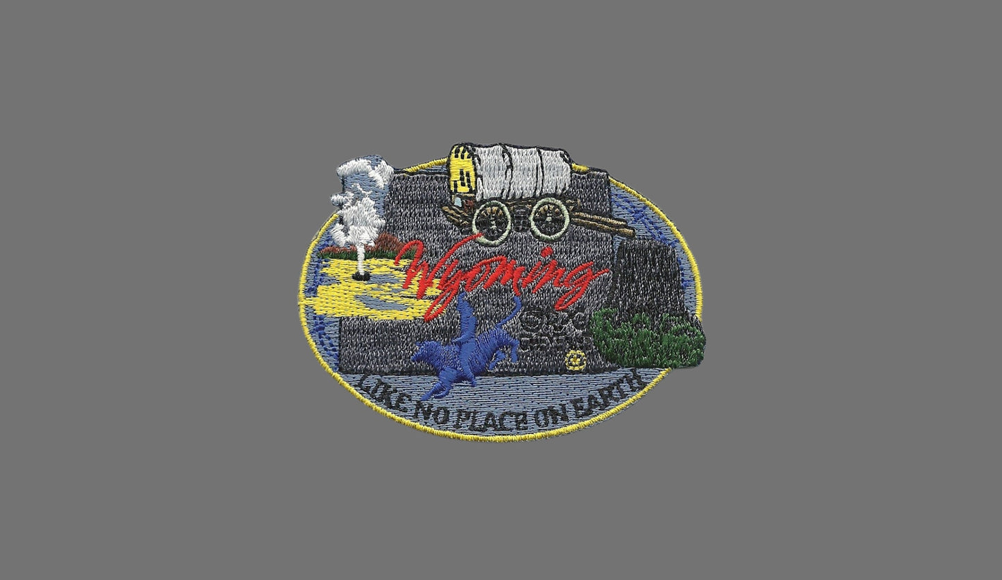 Wyoming Patch – WY State Travel Patch Souvenir Applique 3" Iron On Like No Place on Earth Bucking Bronco Old Faithful Geyser Covered Wagon