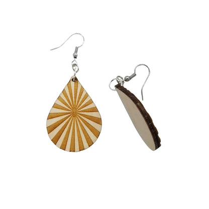 Wood Earrings - Abstract Rays Pattern Engraved Teardrop Lightweight Wood Earrings - Dangle Earrings - Anniversary Gift