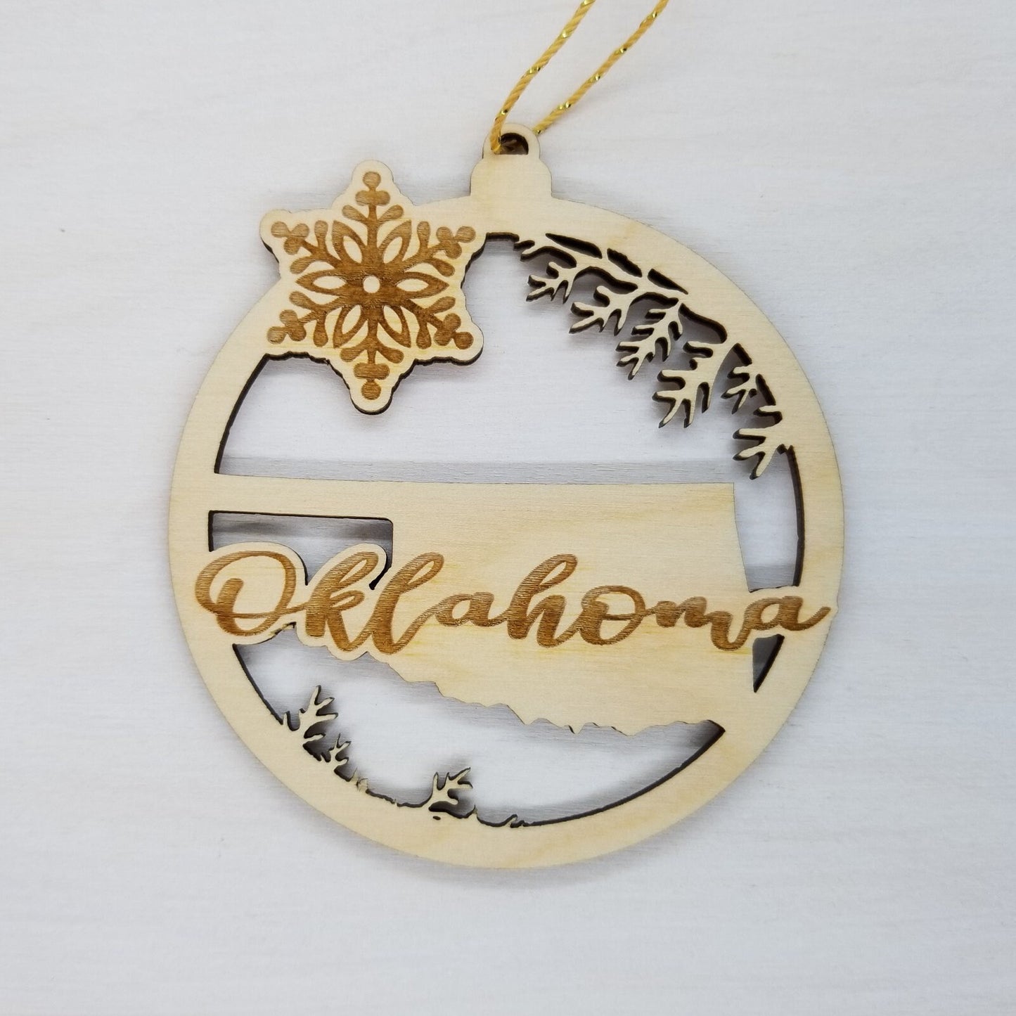 Wholesale Oklahoma Wood Ornament -  State Shape with Snowflakes OK Cutout - Wood Souvenir