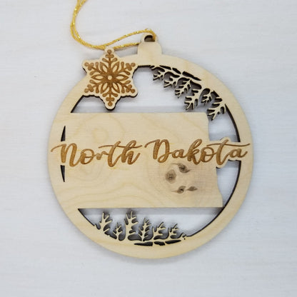 Wholesale North Dakota Wood Ornament -  ND State Shape with Snowflakes Cutout - Wood Souvenir