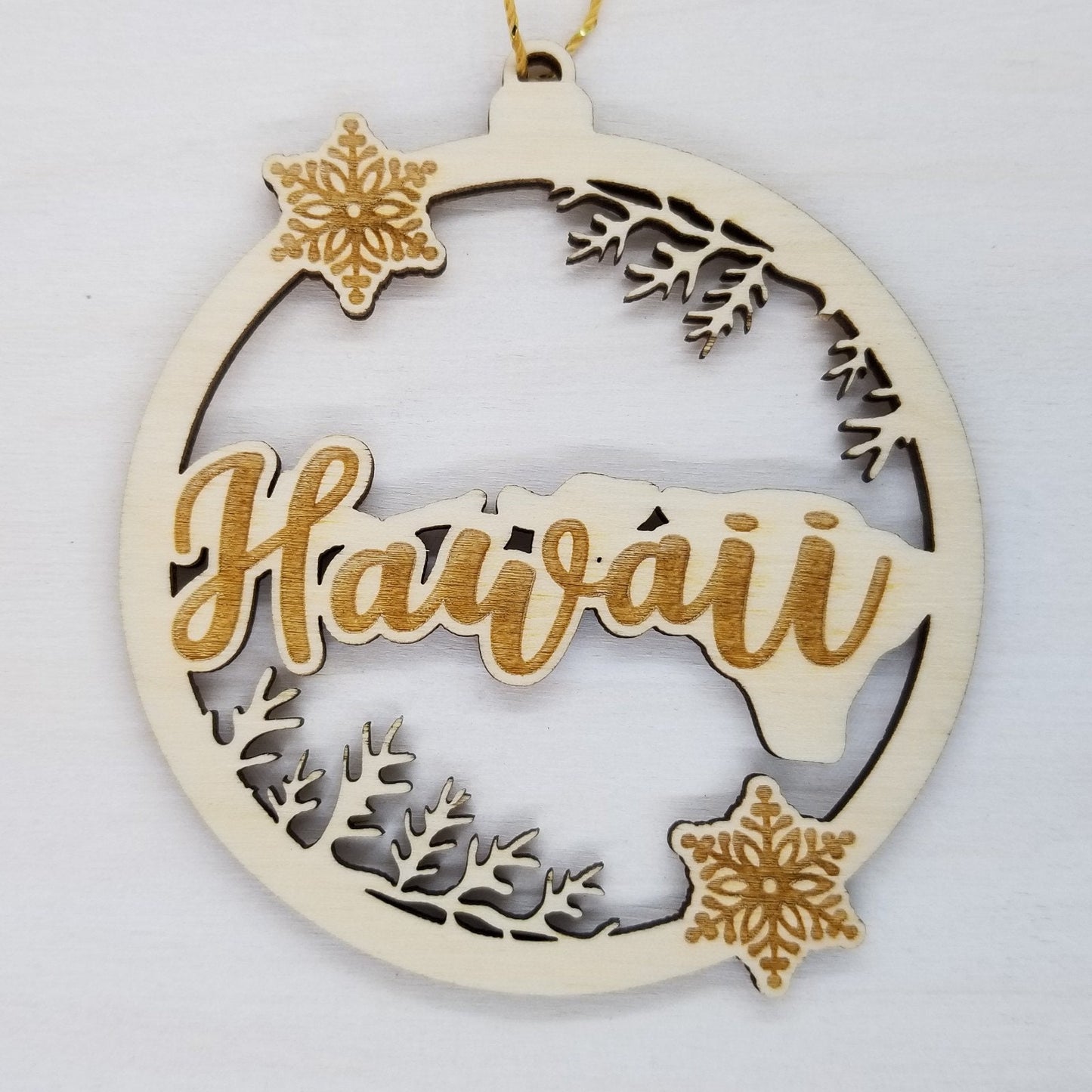 Wholesale Hawaii Wood Ornament - HI State Shape with Snowflakes Cutout - Wood Souvenir