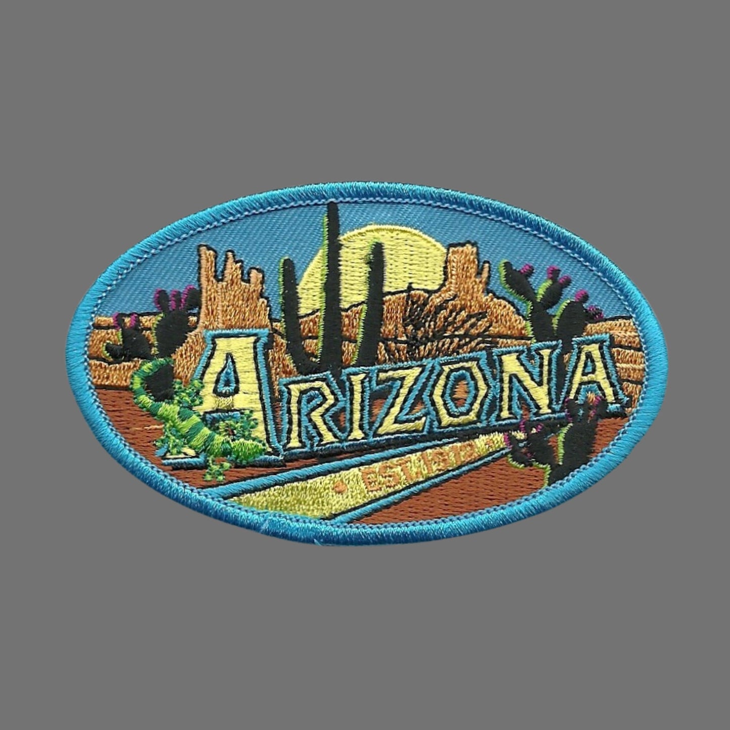 Arizona Patch – Gecko Cactus Rock Formations Sun – Travel Patch AZ Souvenir Applique AZ State 3" Iron On Oval Grand Canyon State