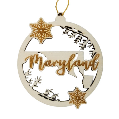 Wholesale Maryland Wood Ornament -  State Shape with Snowflakes Cutout MD - Wood Souvenir