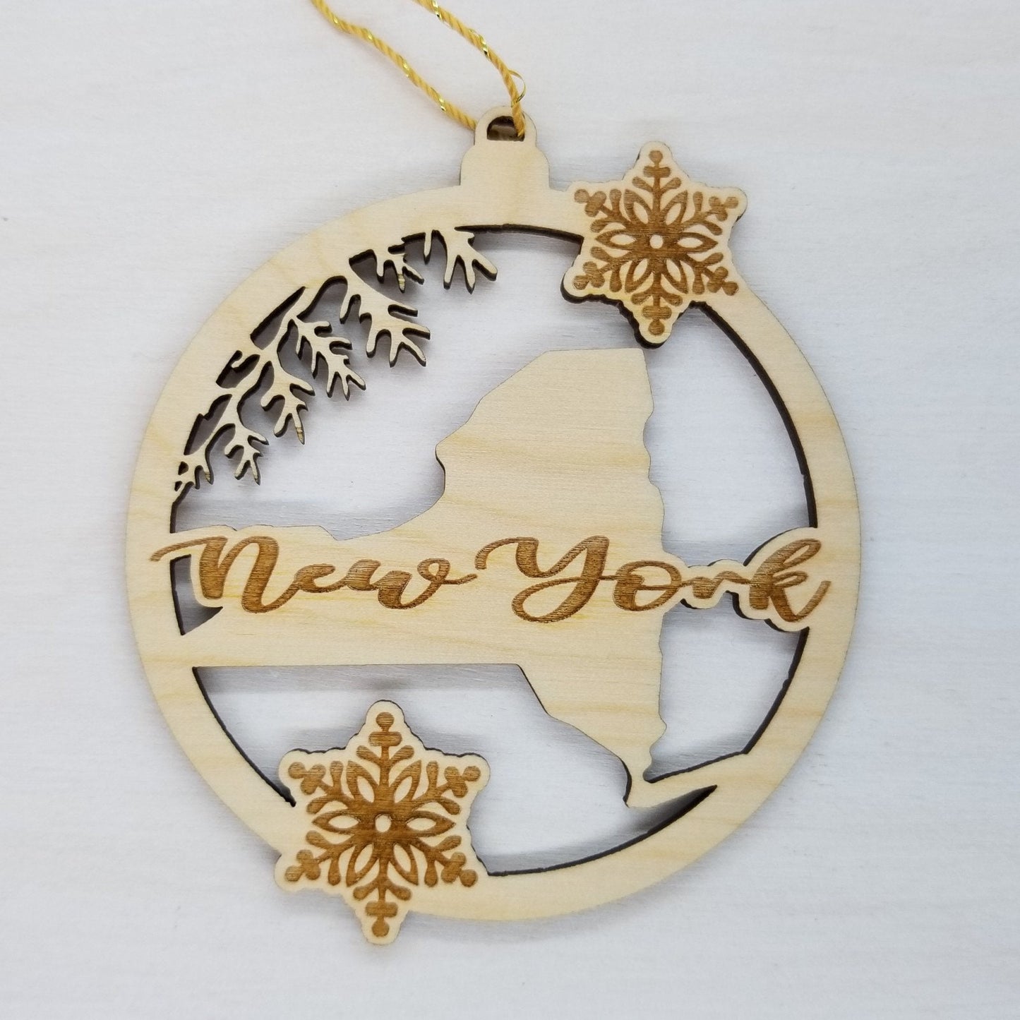 Wholesale New York Wood Ornament - NY State Shape with Snowflakes Cutout - Wood Souvenir