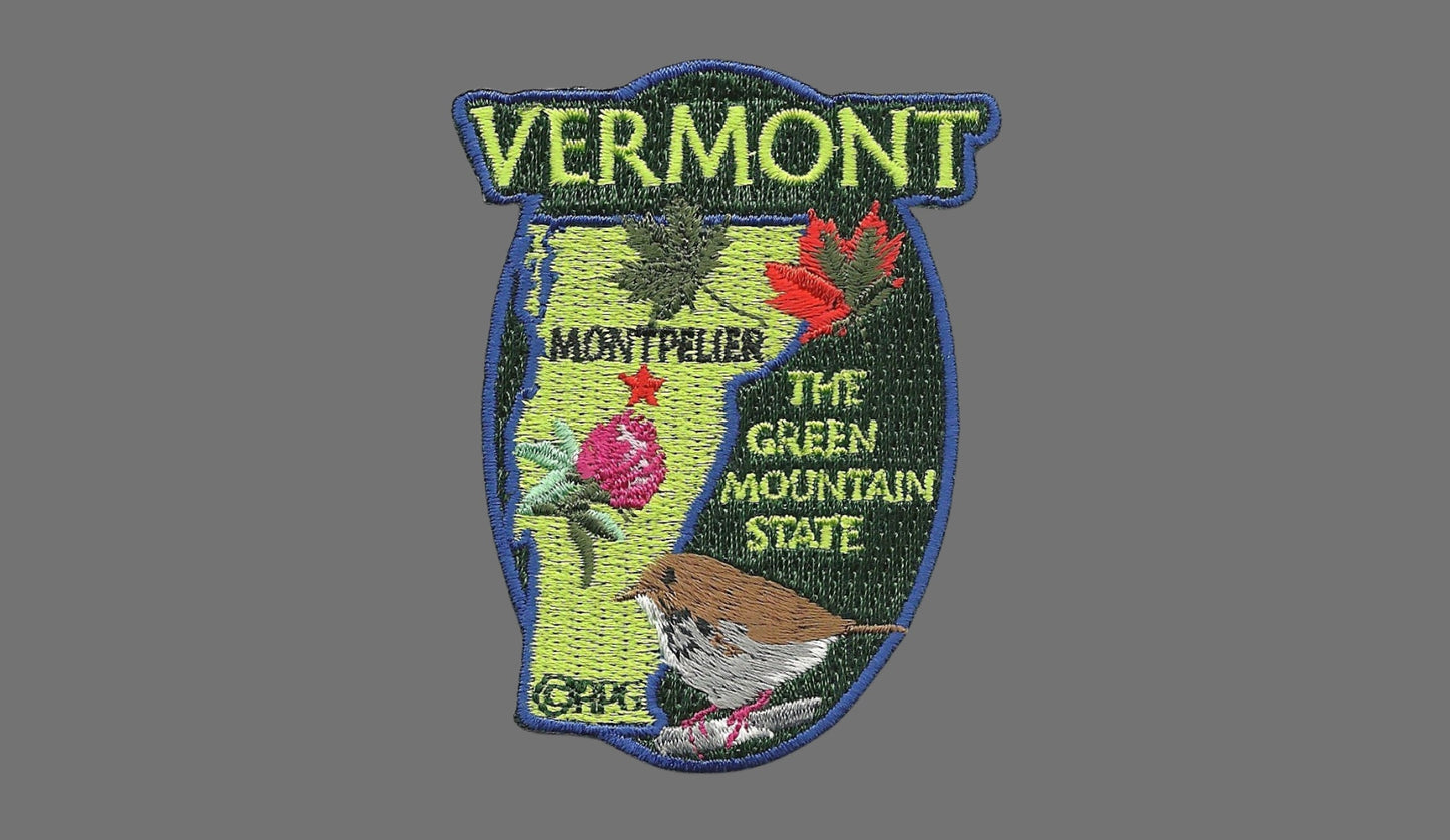 Vermont State Travel Patch VT Souvenir Iron On Embellishment or Applique 3" The Green Mountain State Maple Leaves Hermit Thrush Red Clover