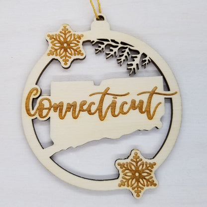 Wholesale Connecticut Wood Ornament - CT State Shape with Snowflakes Cutout Wood Souvenir