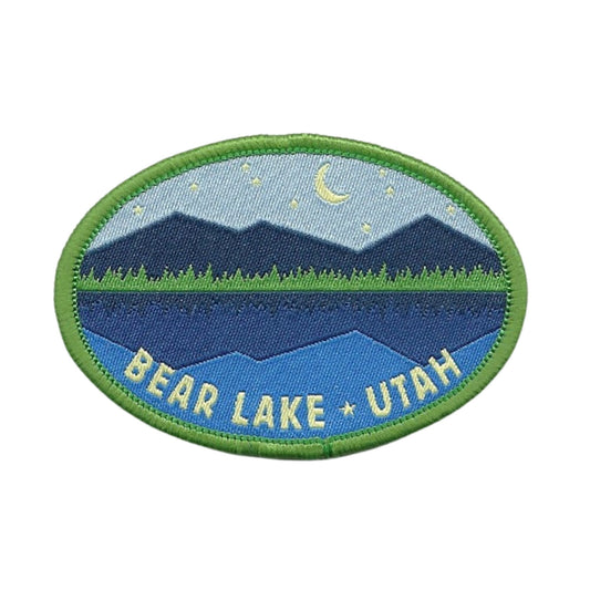 Utah Patch – UT Bear Lake Travel Patch – Souvenir Patch – Embellishment Applique –  2.75" Iron On Mountain Trees Lake Night Scene Oval