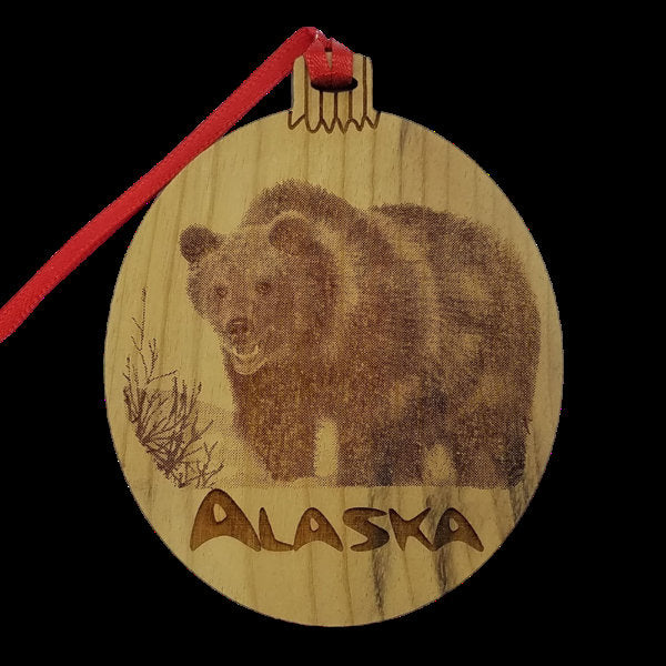 Alaska Grizzly Bear Christmas Ornament Wood Laser Cut and Engraved - Handmade in USA Souvenir