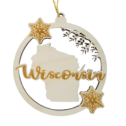 Wisconsin Wood Ornament - WI State Shape with Snowflakes Cutout - Handmade Wood Ornament Made in USA Christmas Decor