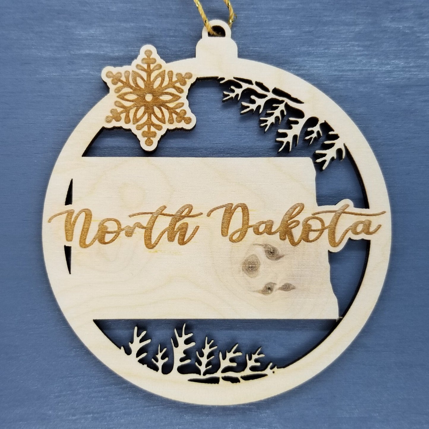 Wholesale North Dakota Wood Ornament -  ND State Shape with Snowflakes Cutout - Wood Souvenir