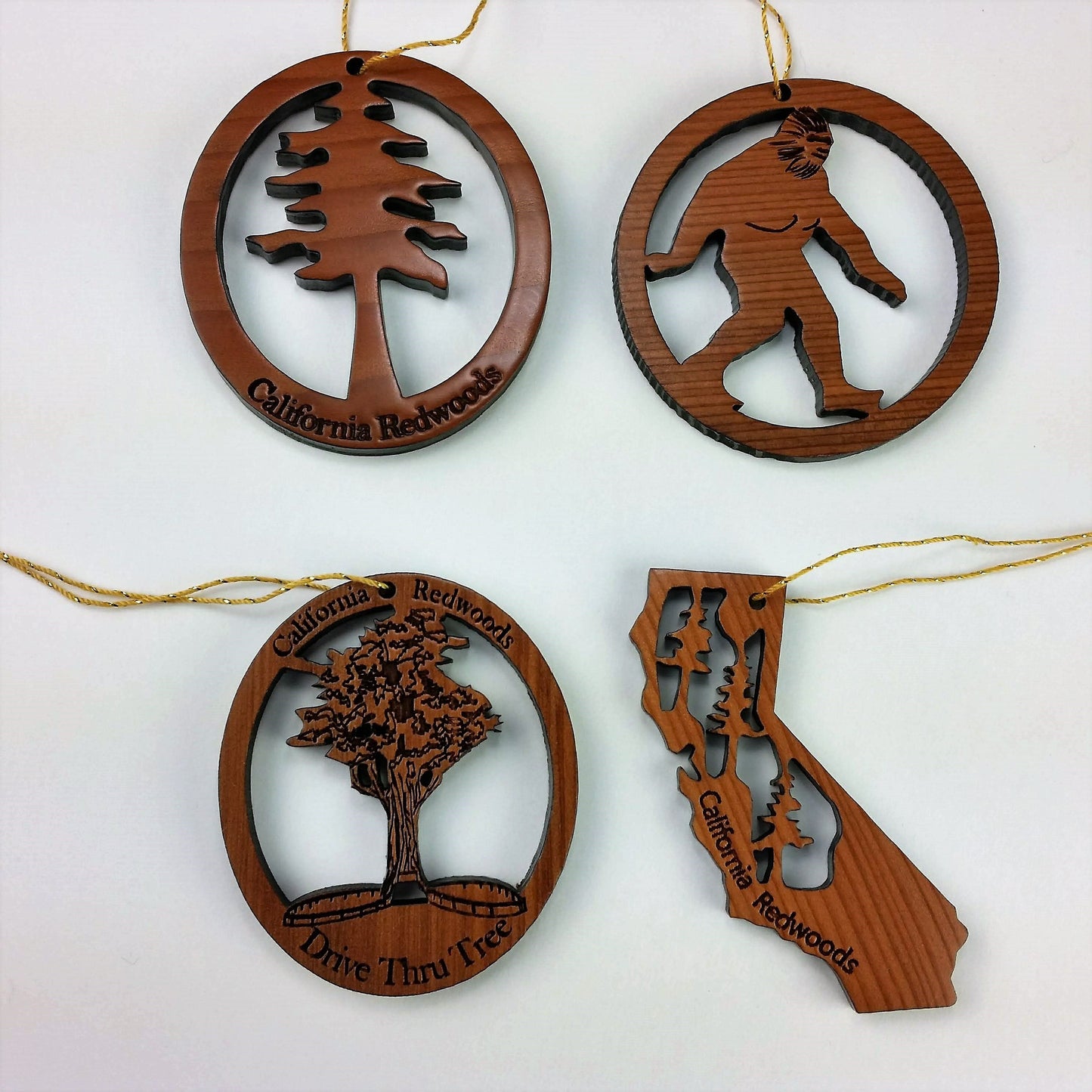 California Redwood Wood Laser Cut Christmas Ornament Set of 4 USA Handmade Bigfoot Drive Thru Tree California Redwood Tree