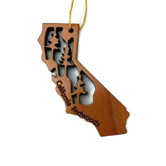 California Redwood Wood Laser Cut Christmas Ornament Set of 4 USA Handmade Bigfoot Drive Thru Tree California Redwood Tree