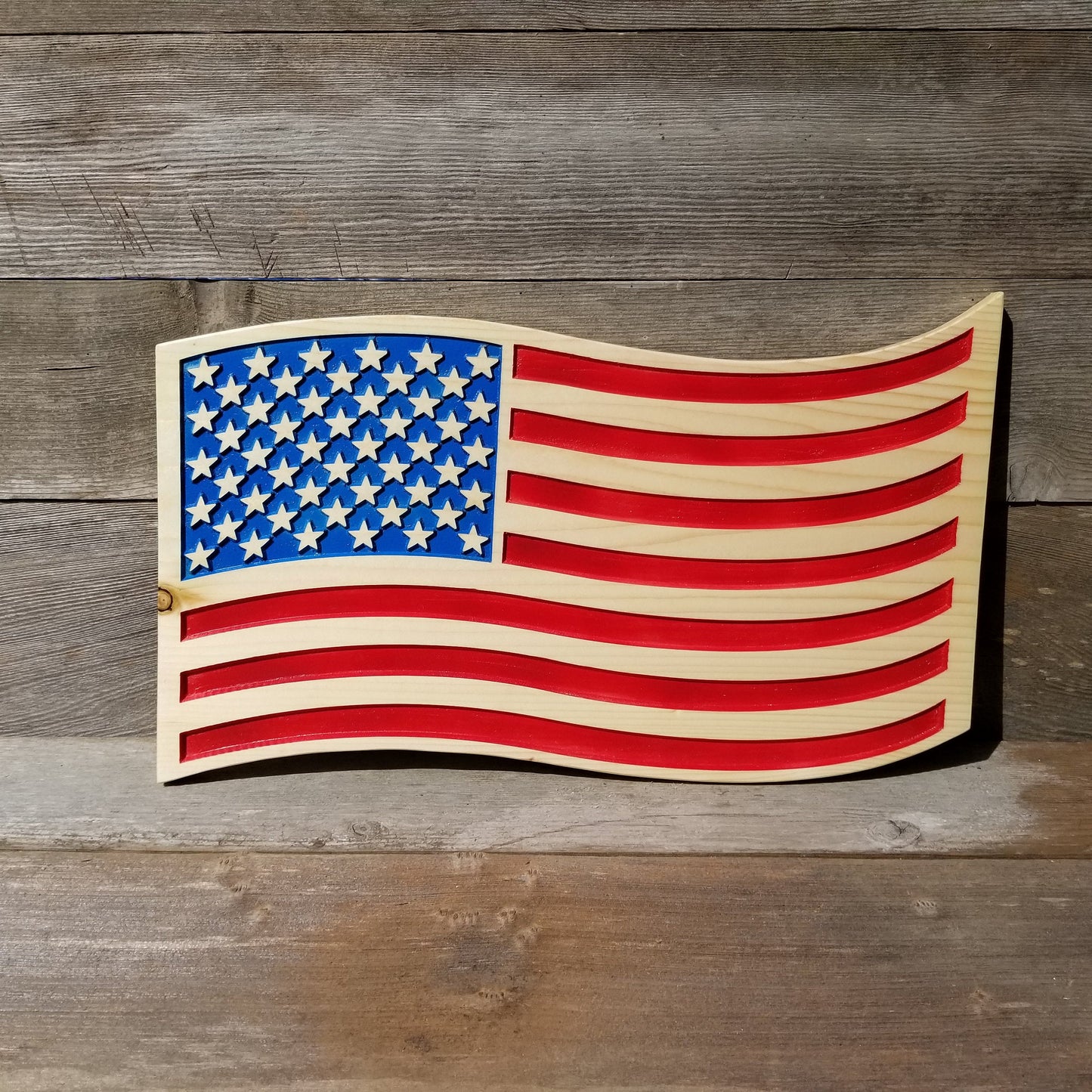 Wavy American Flag Carved Wood Sign USA Patriotism