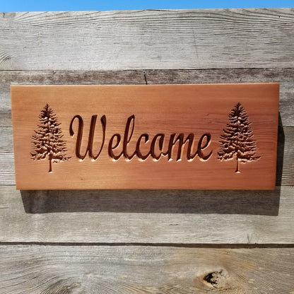 Welcome Sign with Two Trees Handmade Carved Sign Redwood