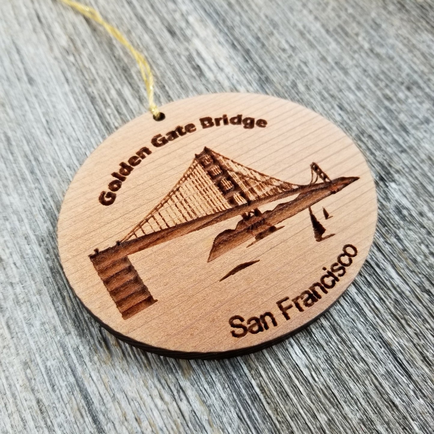 San Francisco California Golden Gate Bridge Christmas Ornament Handmade Wood Memento with Sailboats