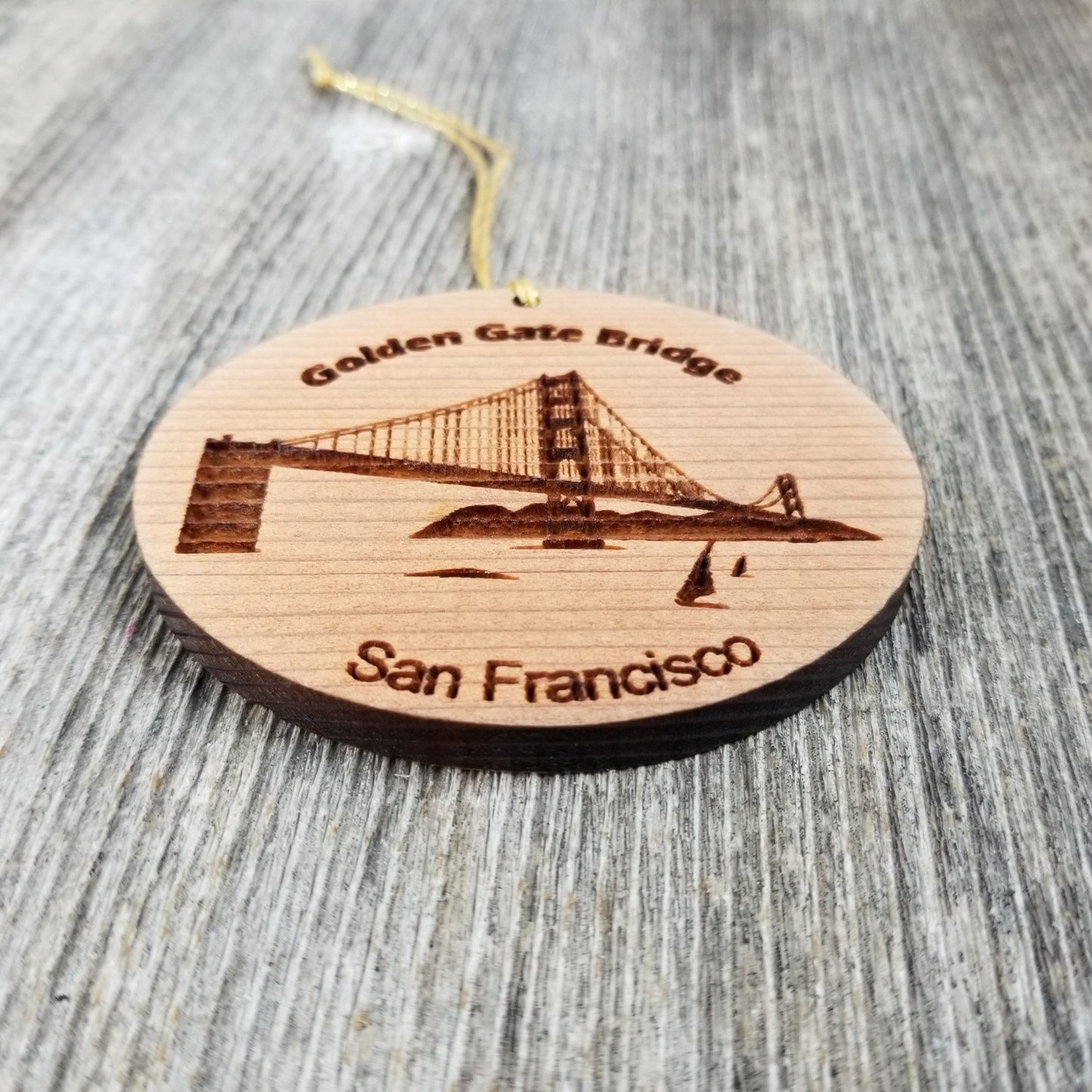 San Francisco California Golden Gate Bridge Christmas Ornament Handmade Wood Memento with Sailboats