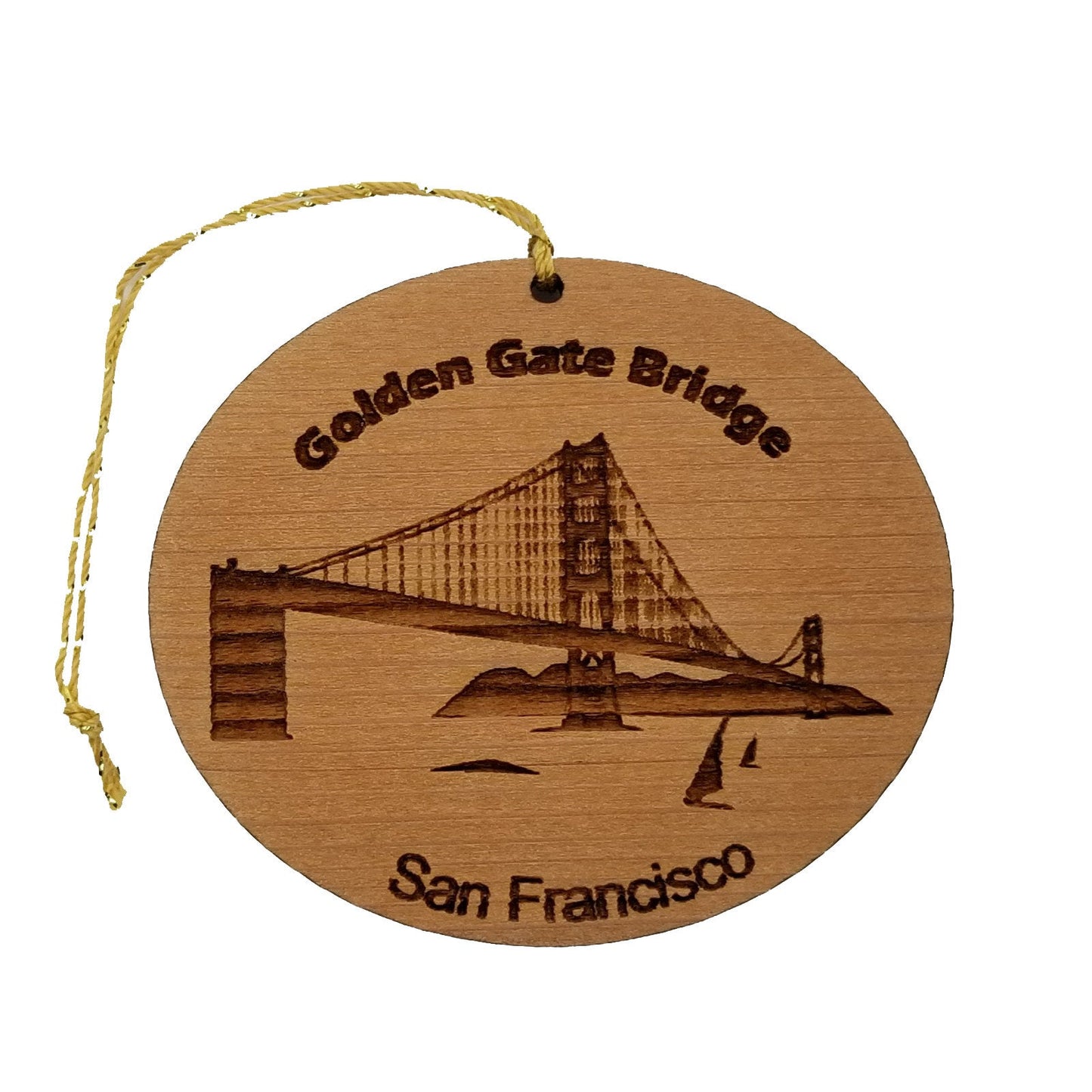 San Francisco California Golden Gate Bridge Christmas Ornament Handmade Wood Memento with Sailboats