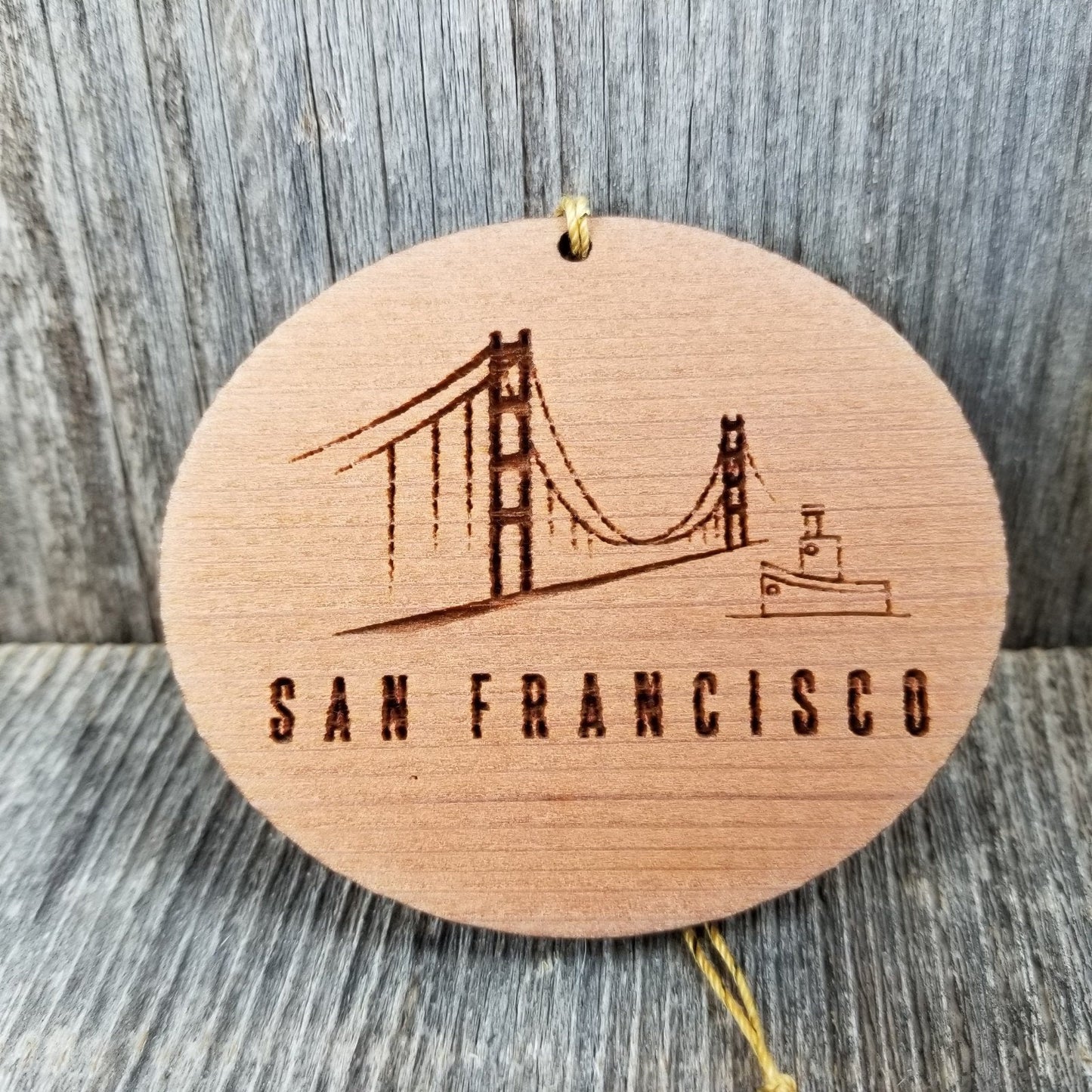 San Francisco California Golden Gate Bridge Christmas Ornament In the Fog Handmade Wood Tug Boat