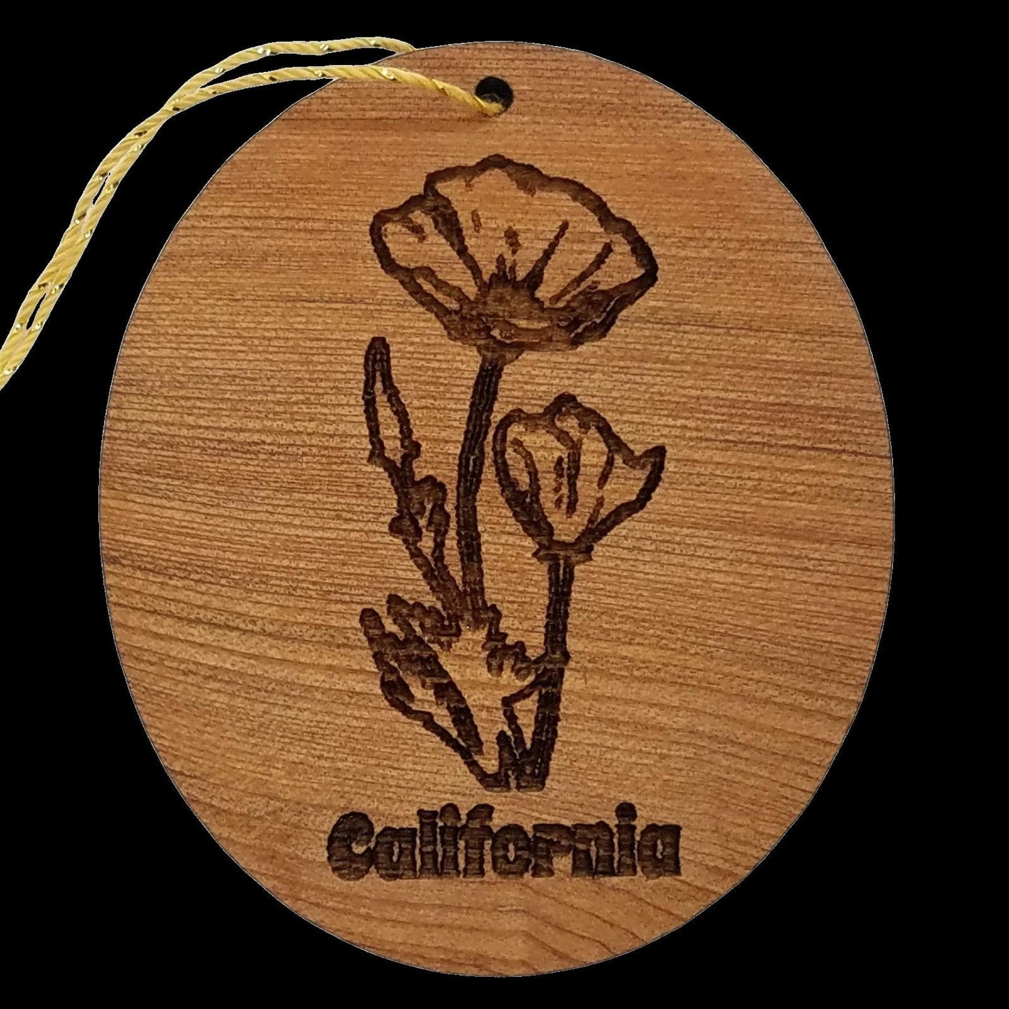 California Poppy Christmas Ornament - Poppies - CA State Flower Handmade Wood Memento Souvenir - Travel Gift - California Redwood