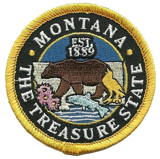 Montana Patch – MT The Treasure State - Travel Patch Iron On – Souvenir Patch – Applique – Travel Gift 2.5" Circle Bear Flowers Fish Birds